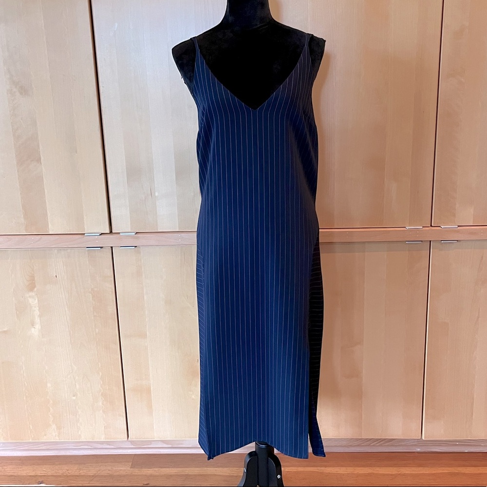 TOPSHOP Womens suit dress jumper in suiting navy stripe fabric size US 10